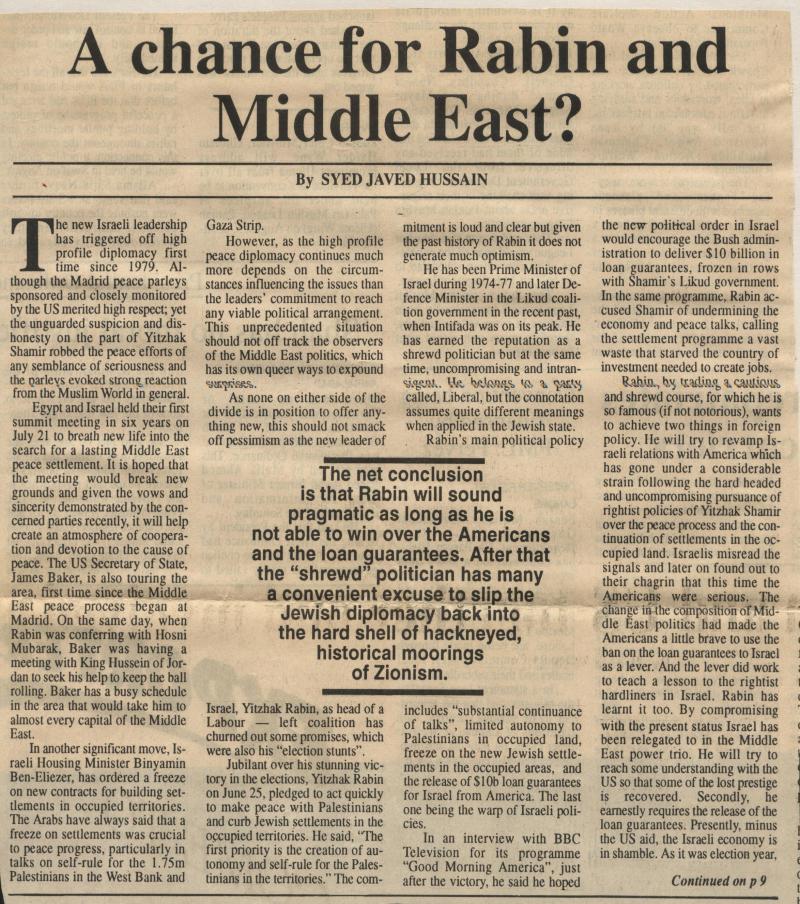 A Chance for Rabin and Middle East?