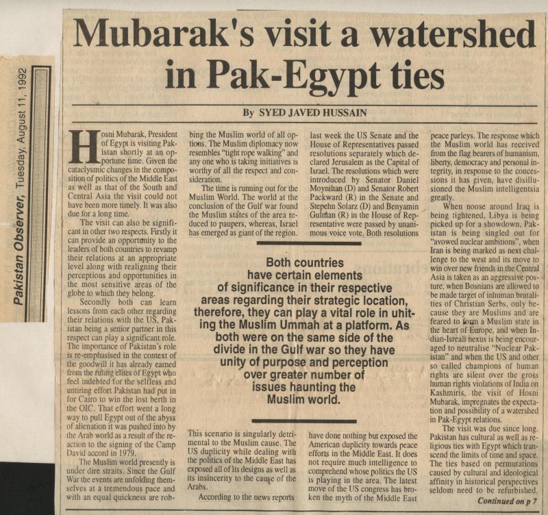 Mubarak’s Visit a Watershed in Pak-Egypt Ties